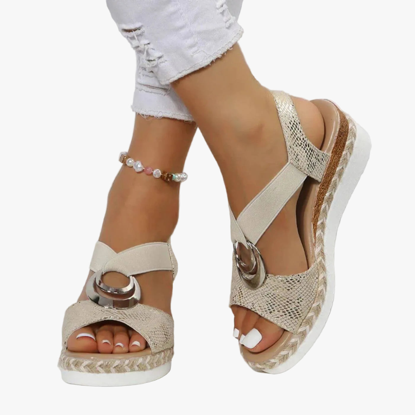 Women's Casual Synthetic Sandals with Ring Accent and Wedge Platform