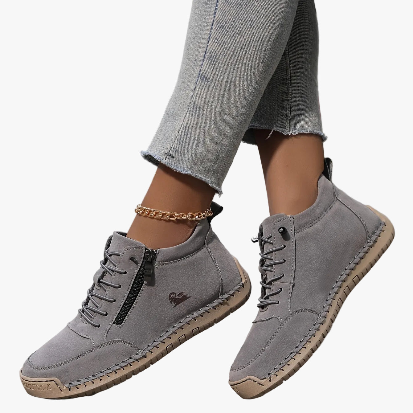 Women's Casual Synthetic Sneakers with Side Zipper and Lace-Up Front