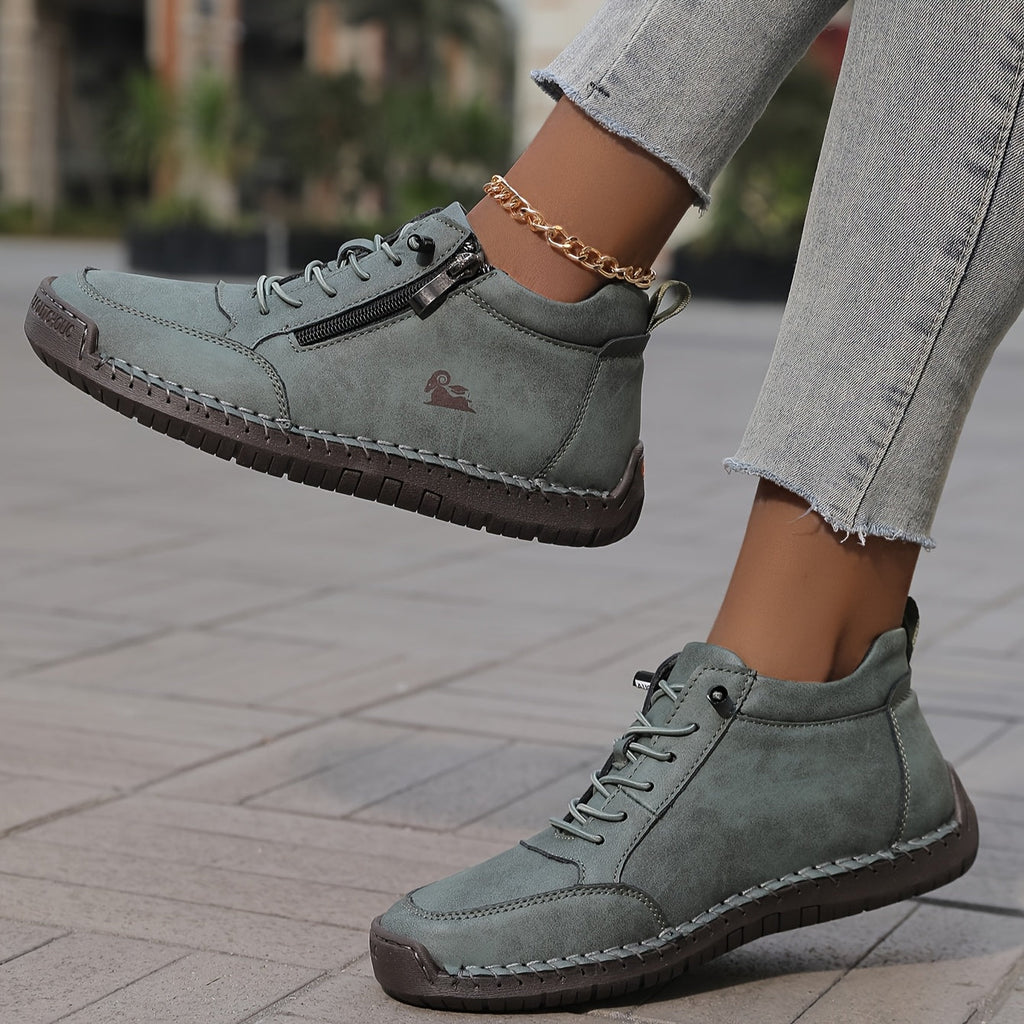 Women's Casual Synthetic Sneakers with Side Zipper and Lace-Up Front