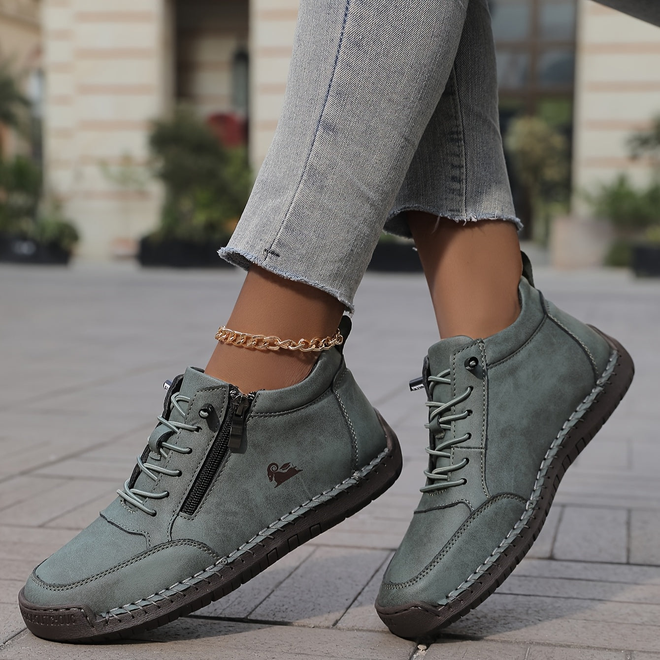 Women's Casual Synthetic Sneakers with Side Zipper and Lace-Up Front