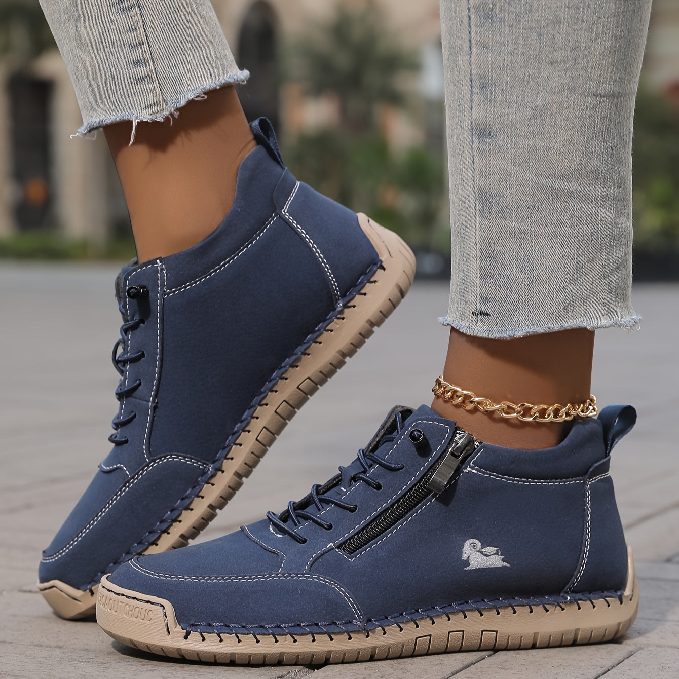 Women's Casual Synthetic Sneakers with Side Zipper and Lace-Up Front
