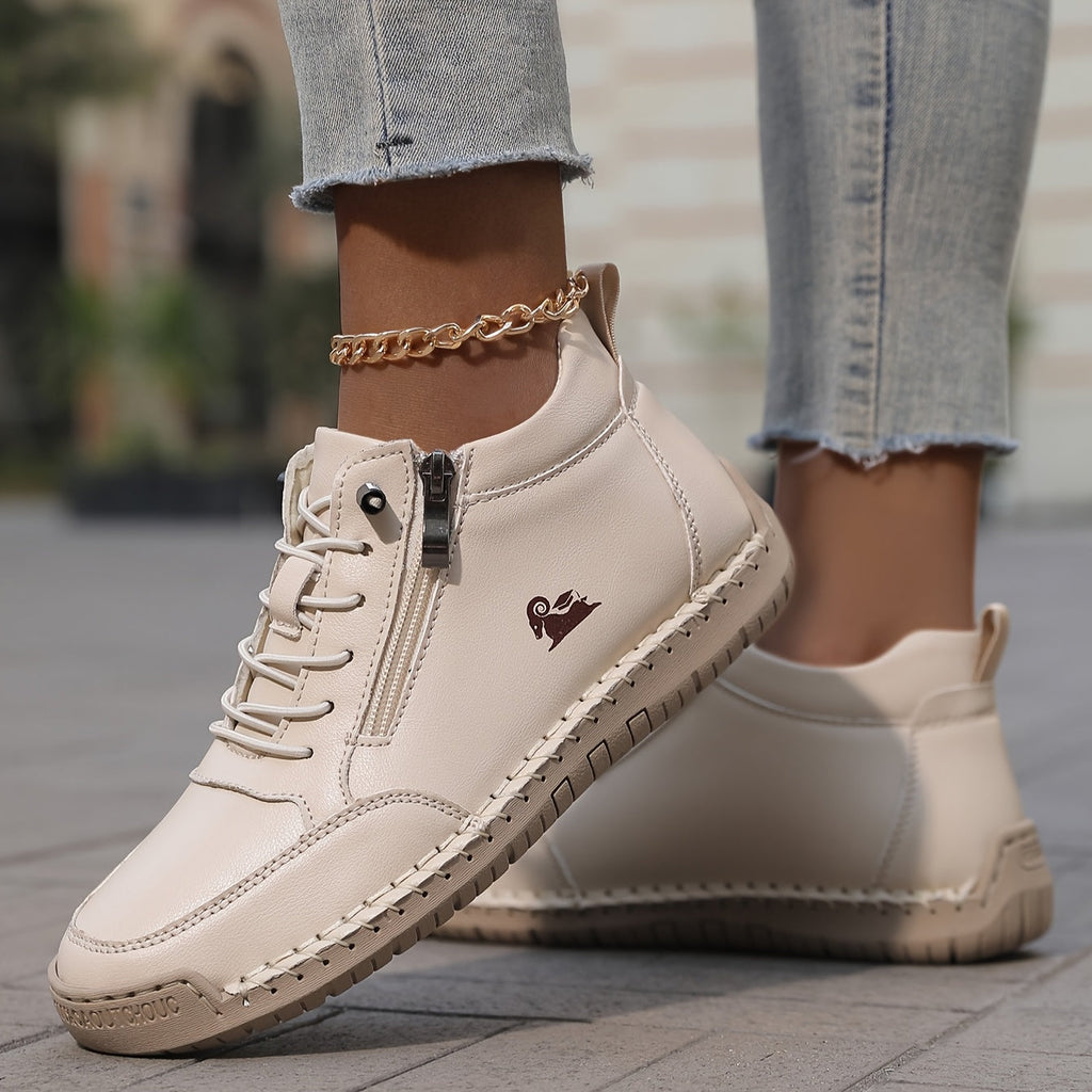 Women's Casual Synthetic Sneakers with Side Zipper and Lace-Up Front