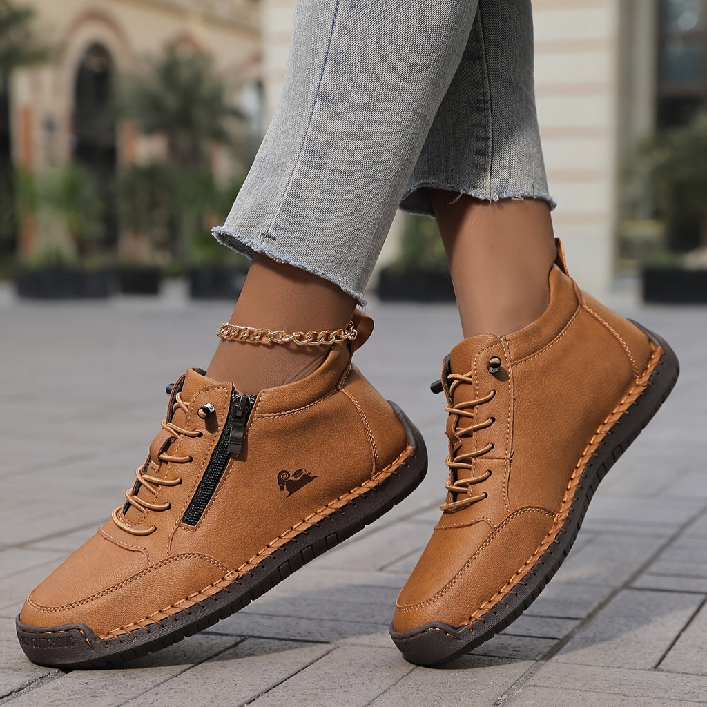 Women's Casual Synthetic Sneakers with Side Zipper and Lace-Up Front