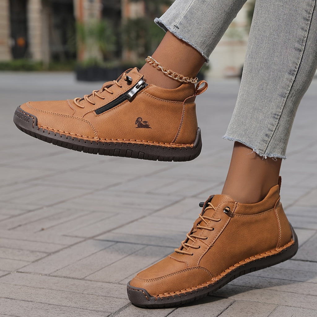 Women's Casual Synthetic Sneakers with Side Zipper and Lace-Up Front