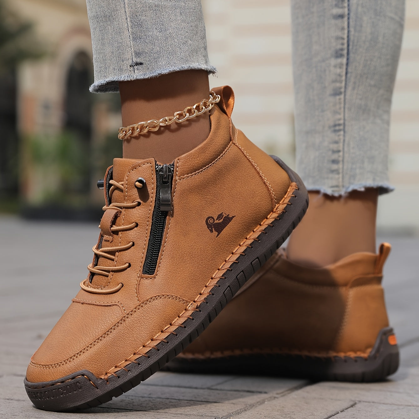 Women's Casual Synthetic Sneakers with Side Zipper and Lace-Up Front