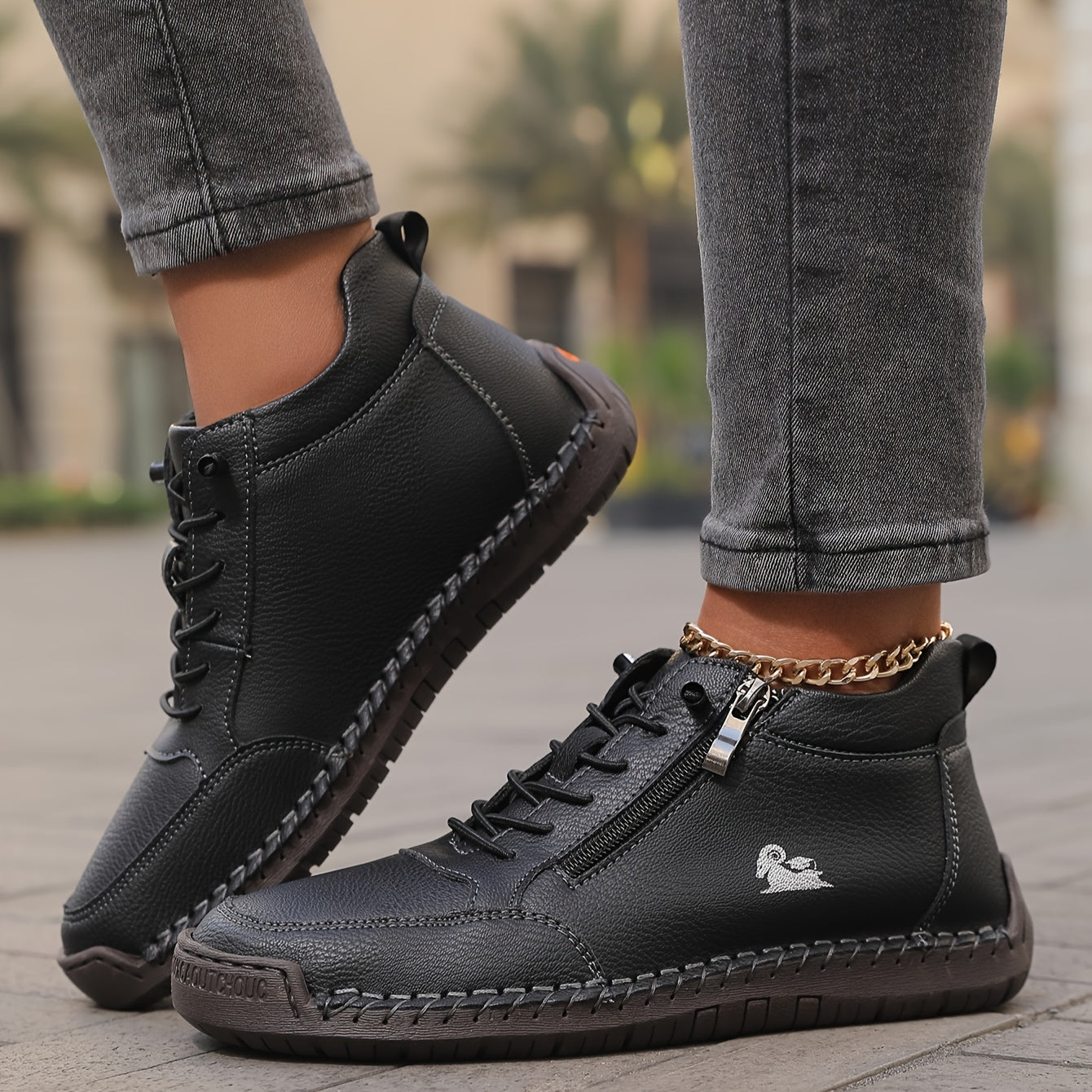 Women's Casual Synthetic Sneakers with Side Zipper and Lace-Up Front
