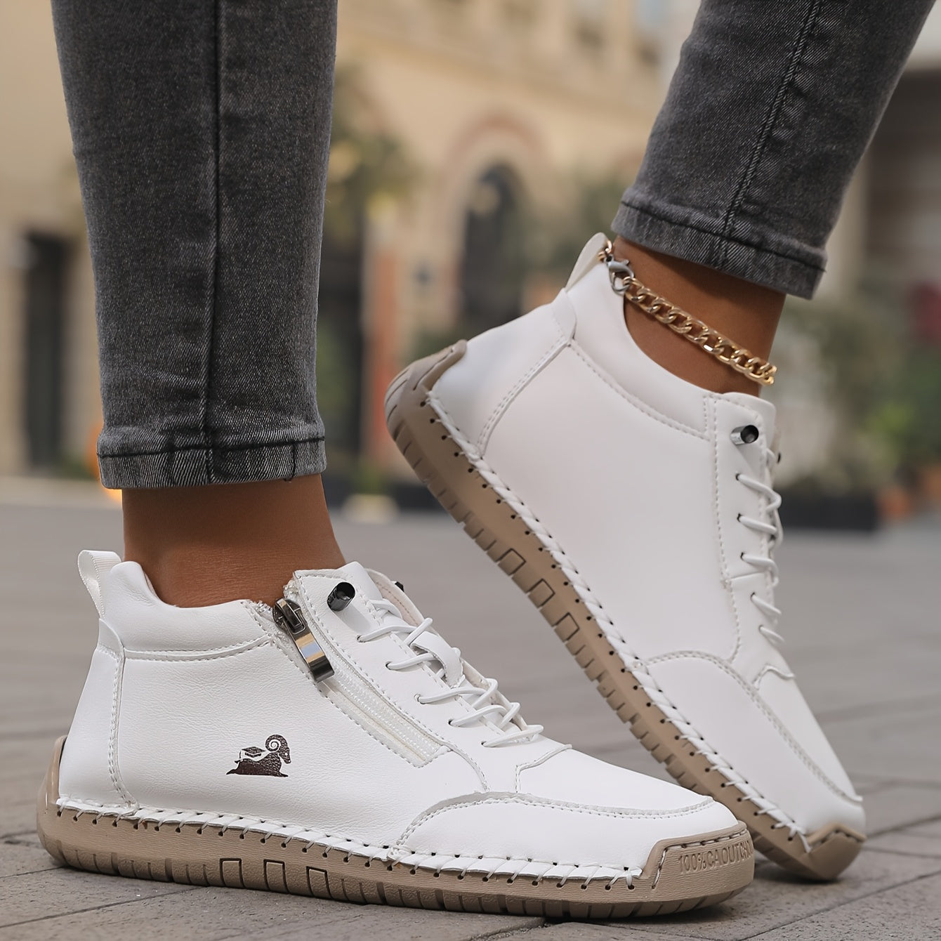 Women's Casual Synthetic Sneakers with Side Zipper and Lace-Up Front