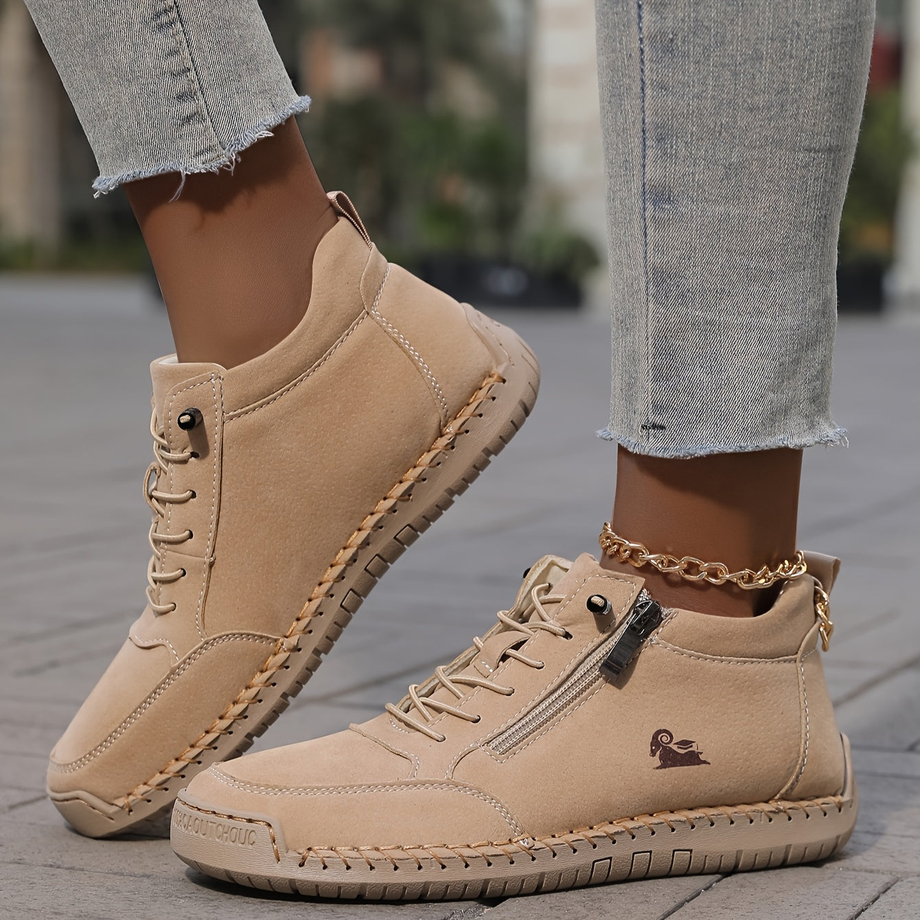 Women's Casual Synthetic Sneakers with Side Zipper and Lace-Up Front