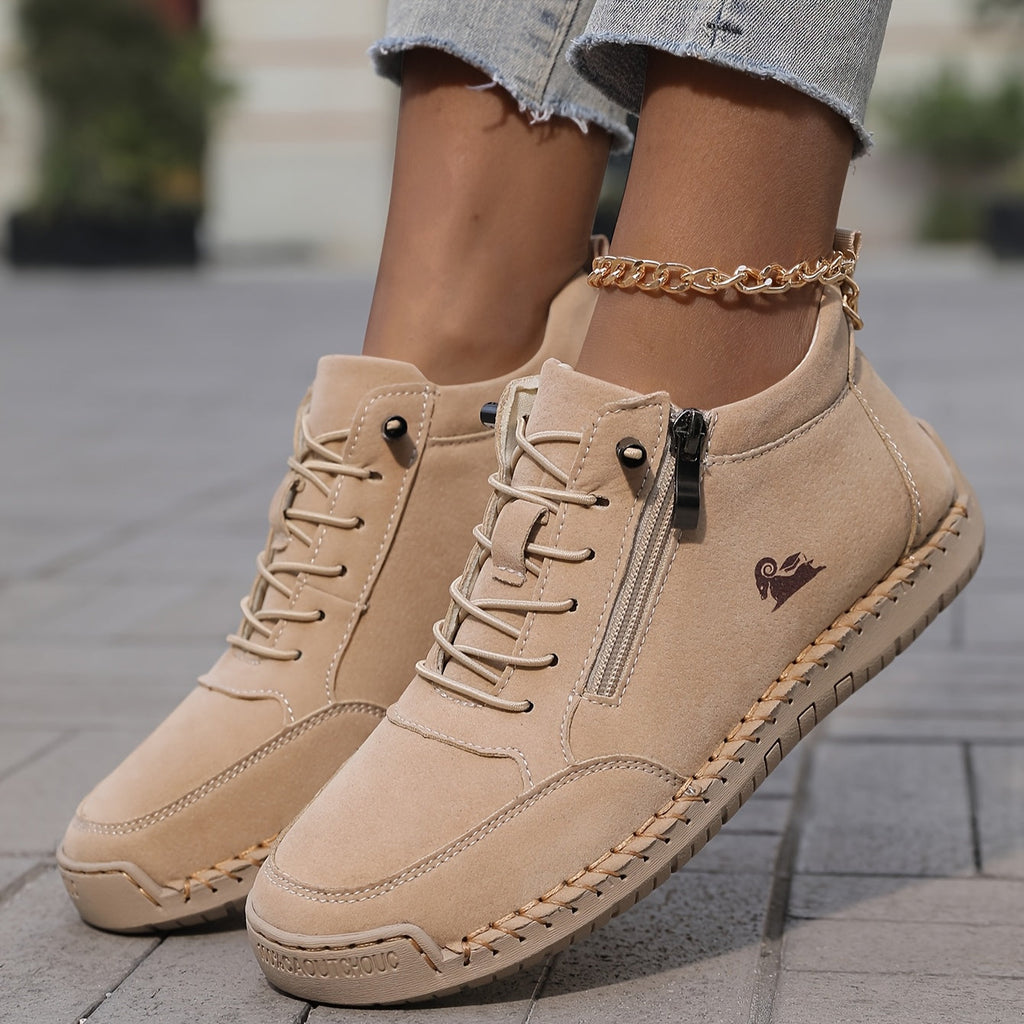Women's Casual Synthetic Sneakers with Side Zipper and Lace-Up Front