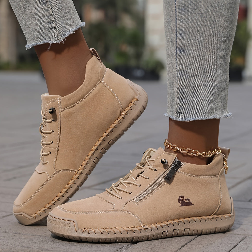 Women's Casual Synthetic Sneakers with Side Zipper and Lace-Up Front