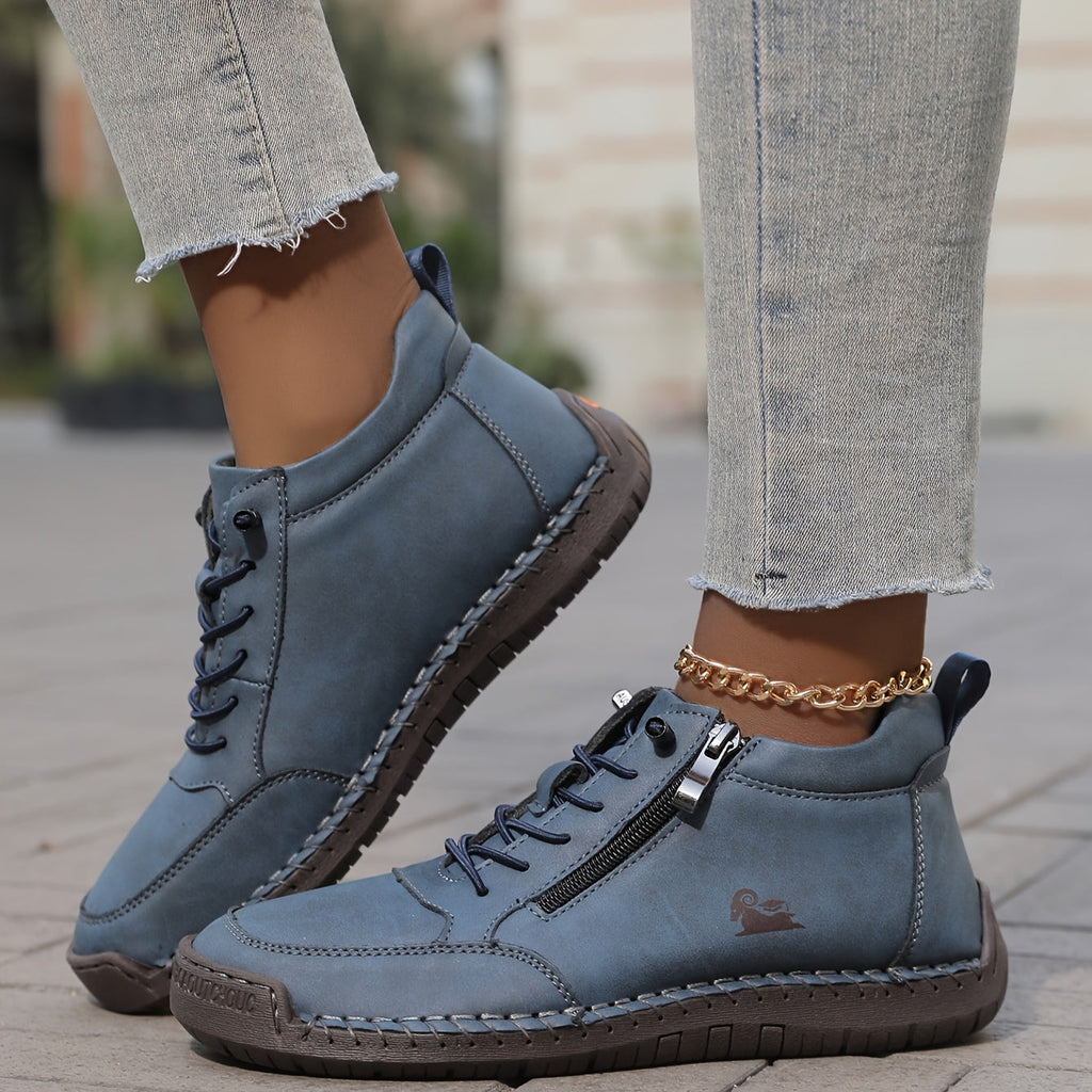 Women's Casual Synthetic Sneakers with Side Zipper and Lace-Up Front