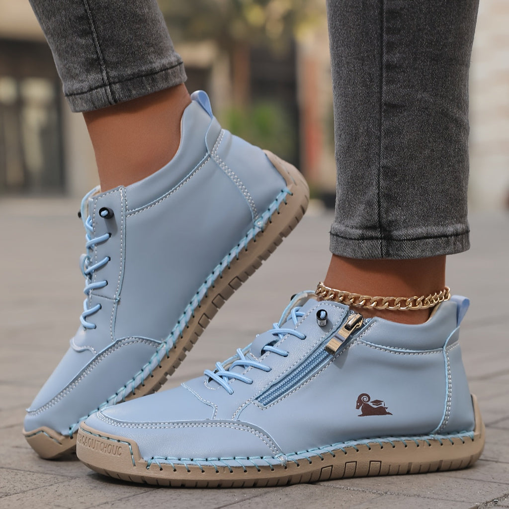 Women's Casual Synthetic Sneakers with Side Zipper and Lace-Up Front