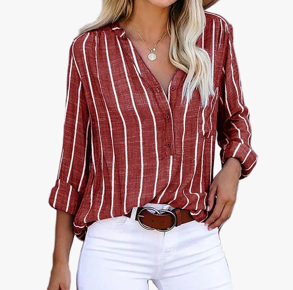 Women's Casual Viscose Blouse with Stripes and Roll-Tab Sleeves