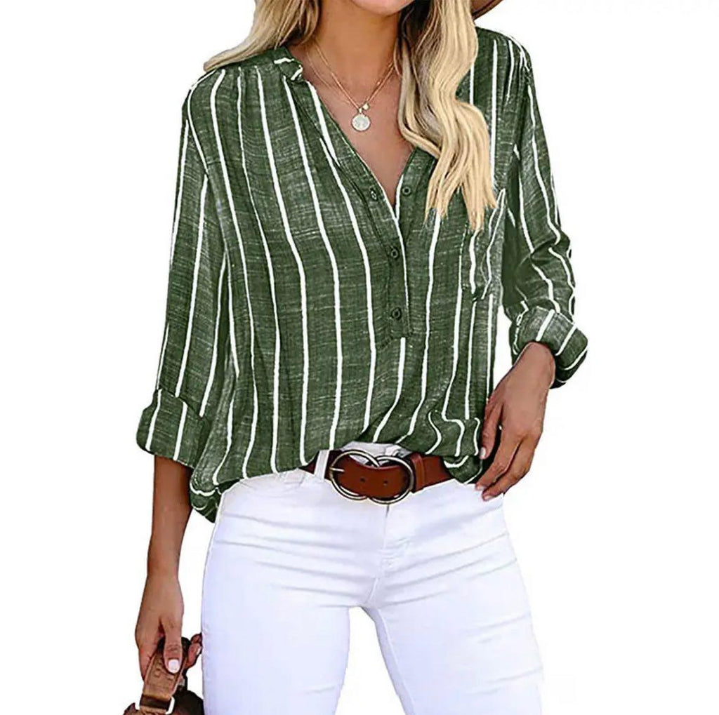 Women's Casual Viscose Blouse with Stripes and Roll-Tab Sleeves