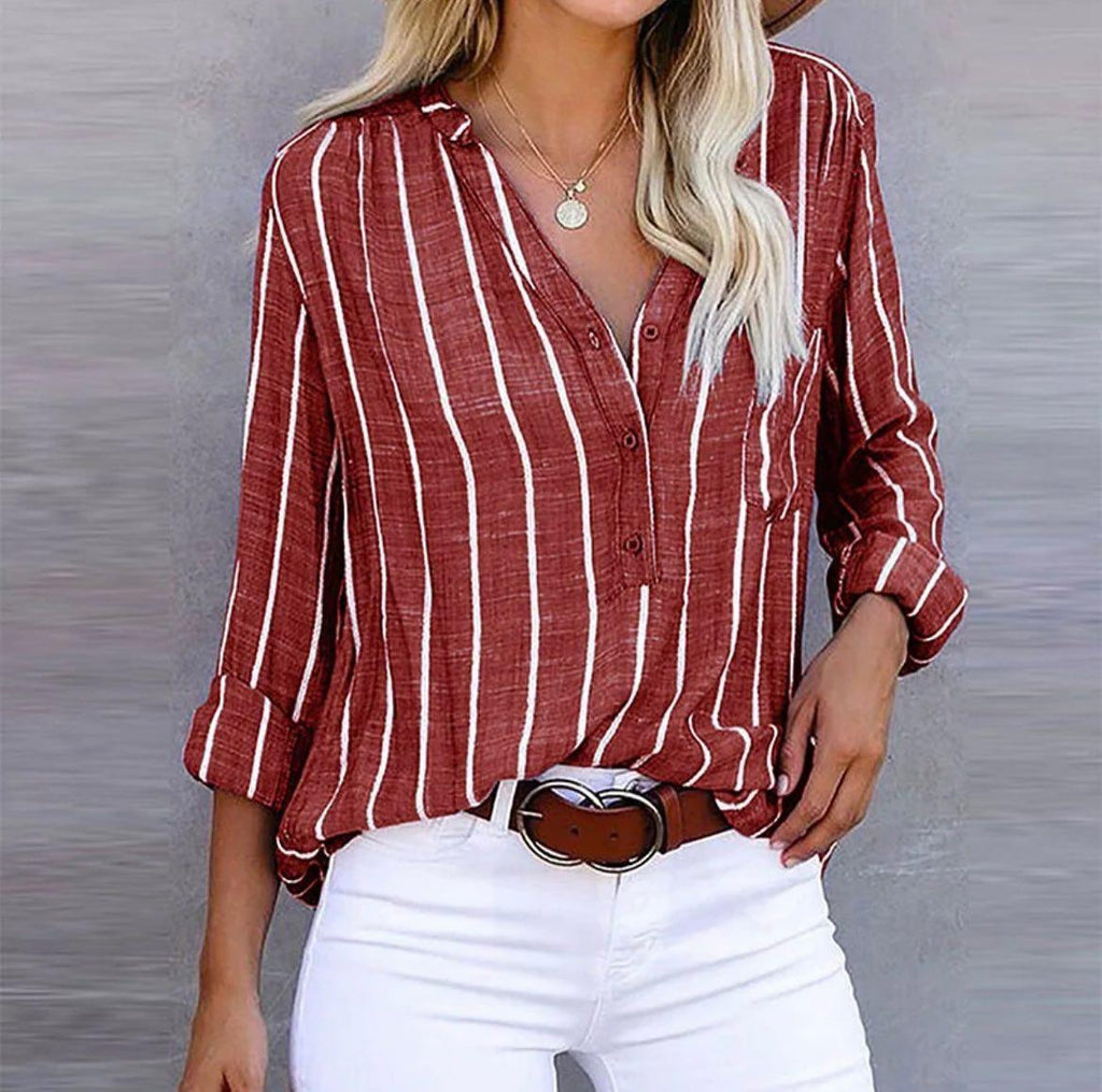 Women's Casual Viscose Blouse with Stripes and Roll-Tab Sleeves