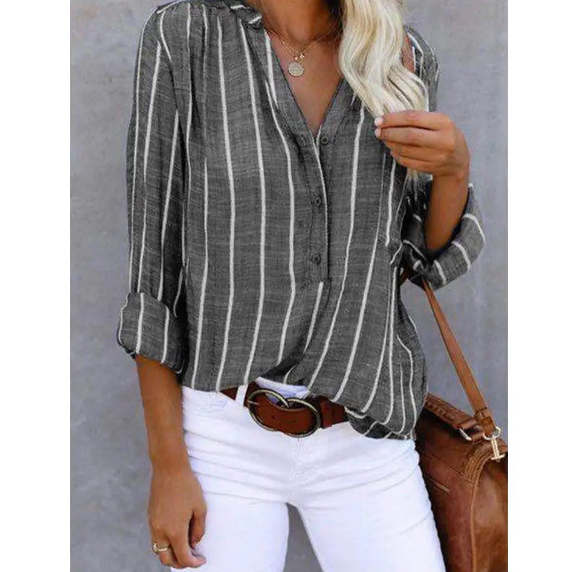 Women's Casual Viscose Blouse with Stripes and Roll-Tab Sleeves