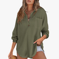 Women's Casual Waffle Knit Tunic Top with V Neck and Buttons