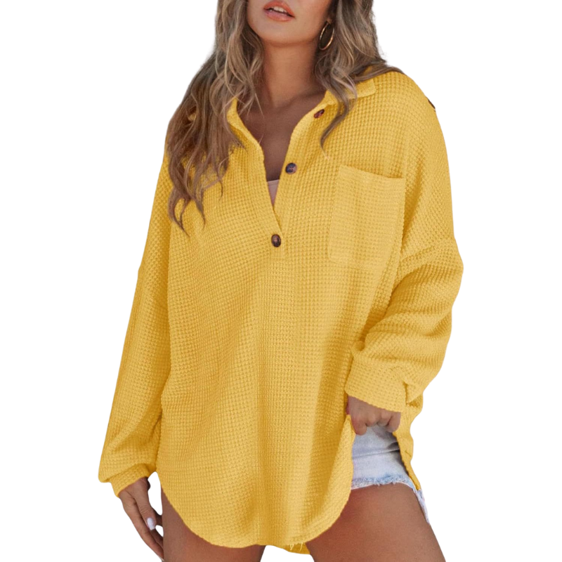 Women's Casual Waffle Knit Tunic Top with V Neck and Buttons