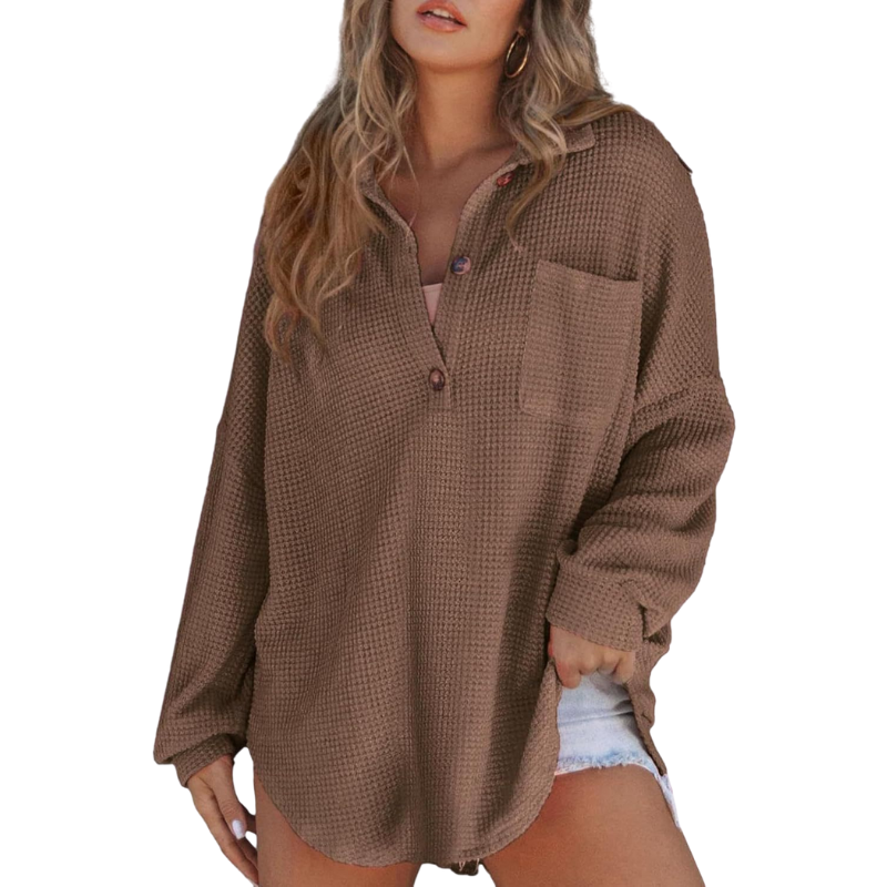 Women's Casual Waffle Knit Tunic Top with V Neck and Buttons