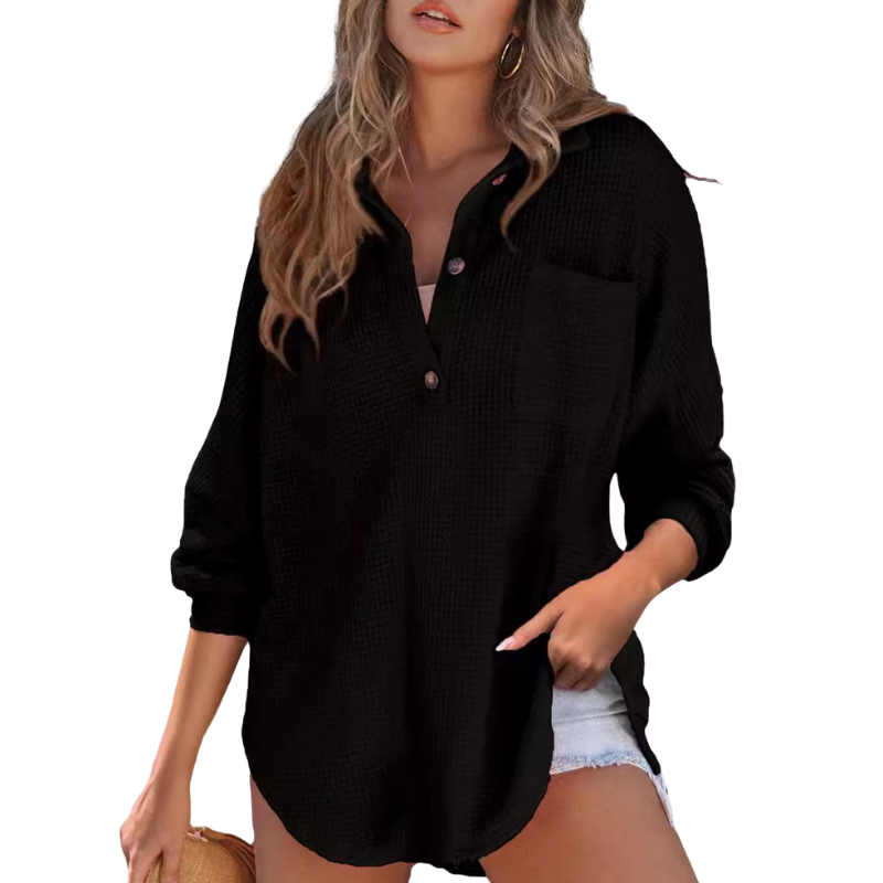 Women's Casual Waffle Knit Tunic Top with V Neck and Buttons