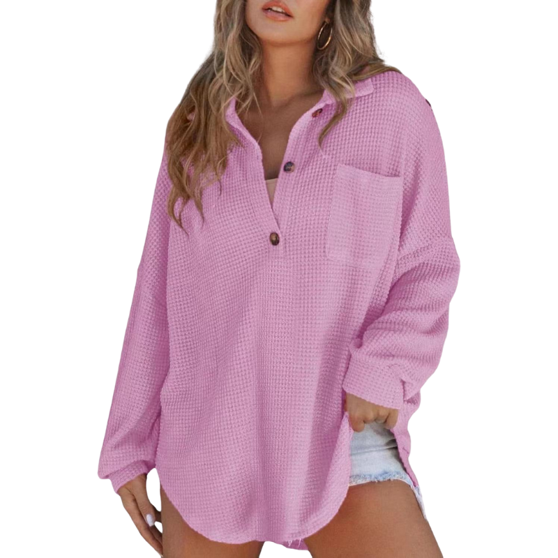 Women's Casual Waffle Knit Tunic Top with V Neck and Buttons