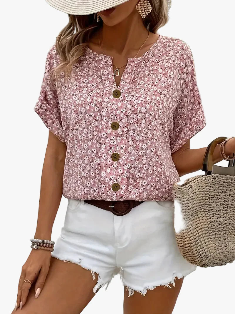 Women's Casual Woven Blouse with Button Front and Split Neck