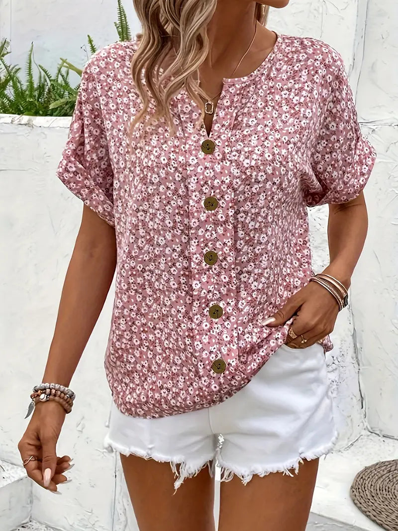 Women's Casual Woven Blouse with Button Front and Split Neck