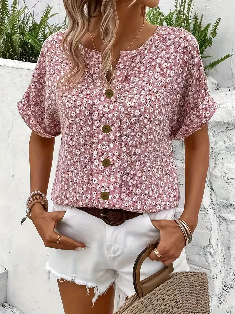 Women's Casual Woven Blouse with Button Front and Split Neck