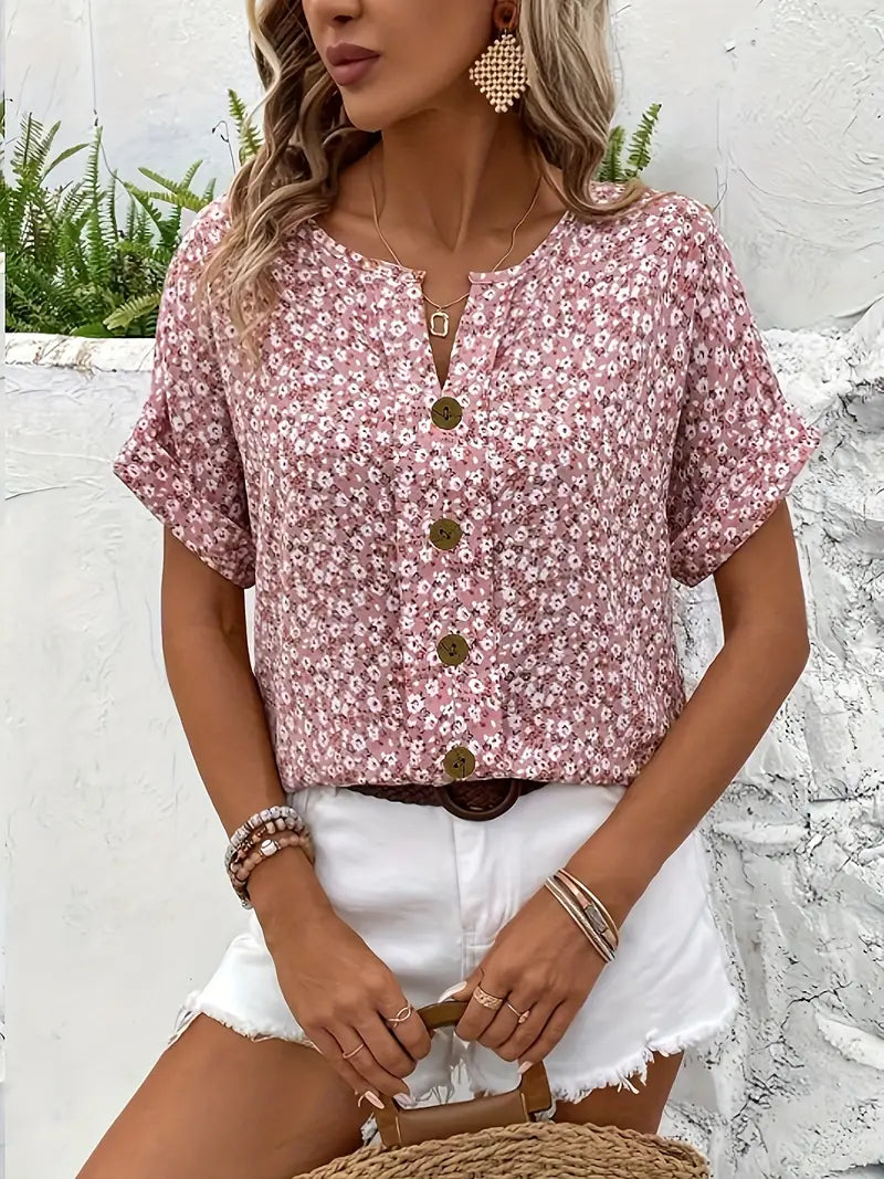 Women's Casual Woven Blouse with Button Front and Split Neck