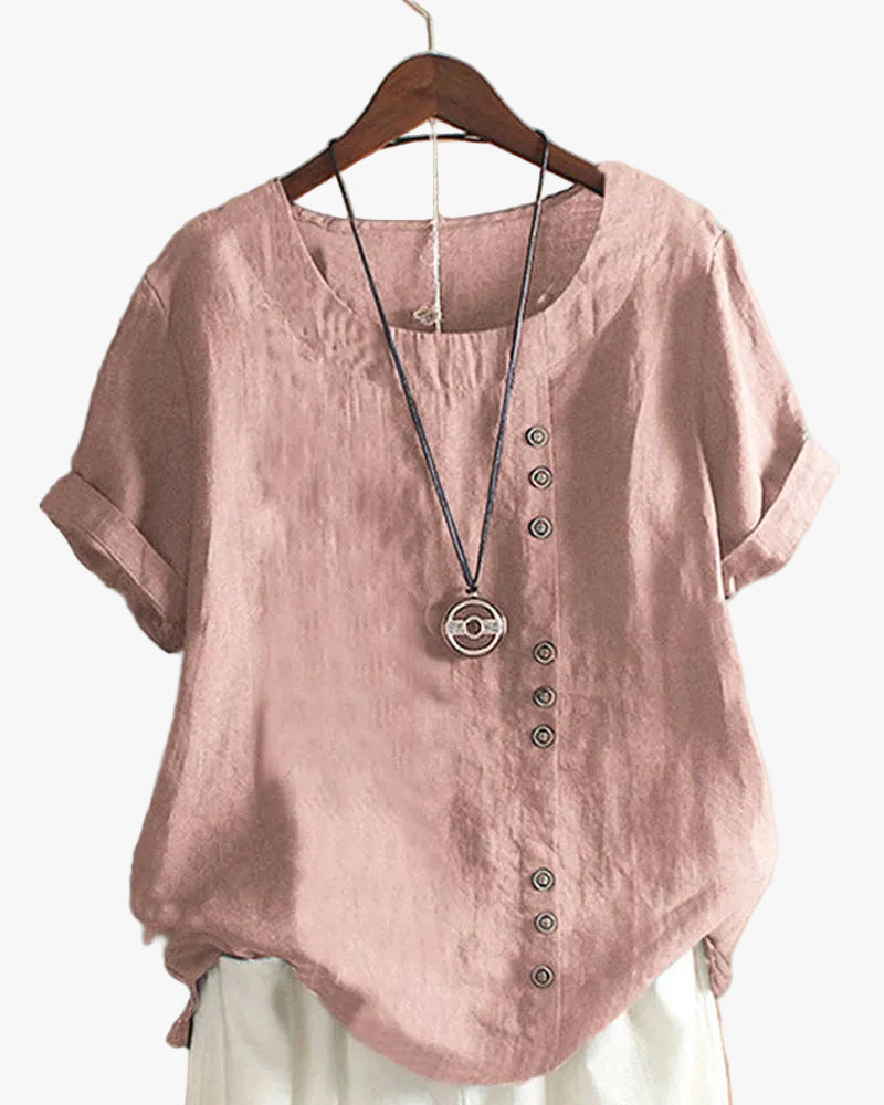 Women's Casual Woven Blouse with Side Buttons and Cuffed Sleeves