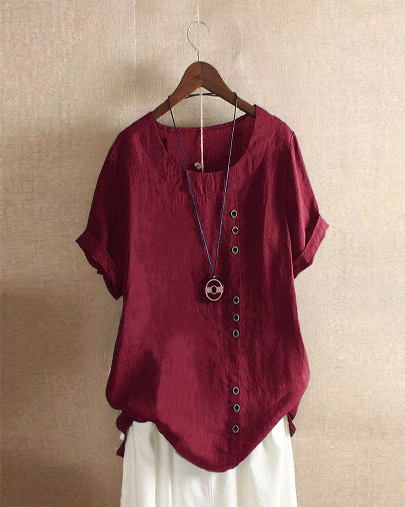 Women's Casual Woven Blouse with Side Buttons and Cuffed Sleeves