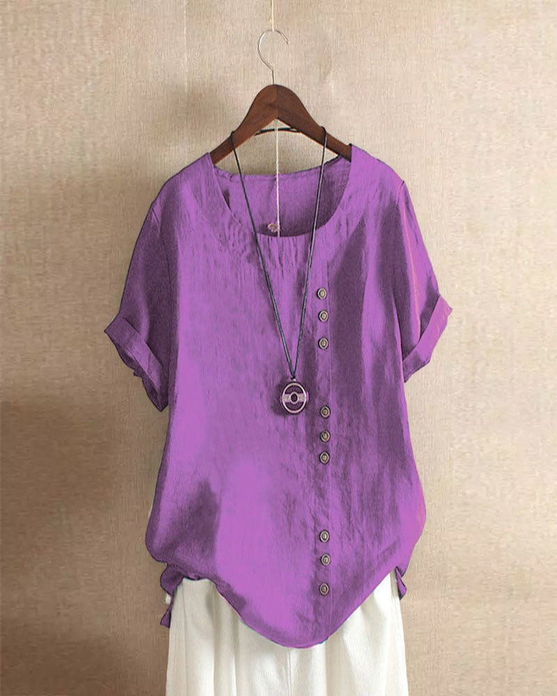 Women's Casual Woven Blouse with Side Buttons and Cuffed Sleeves