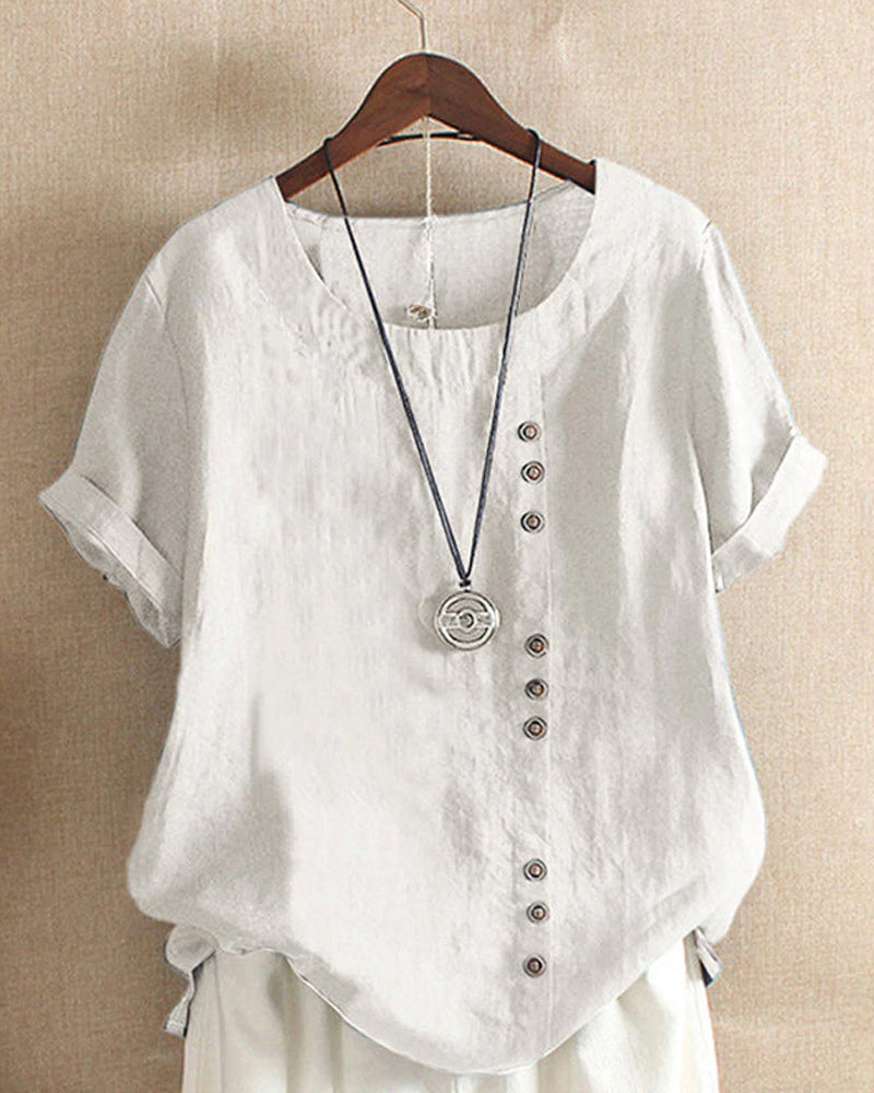 Women's Casual Woven Blouse with Side Buttons and Cuffed Sleeves