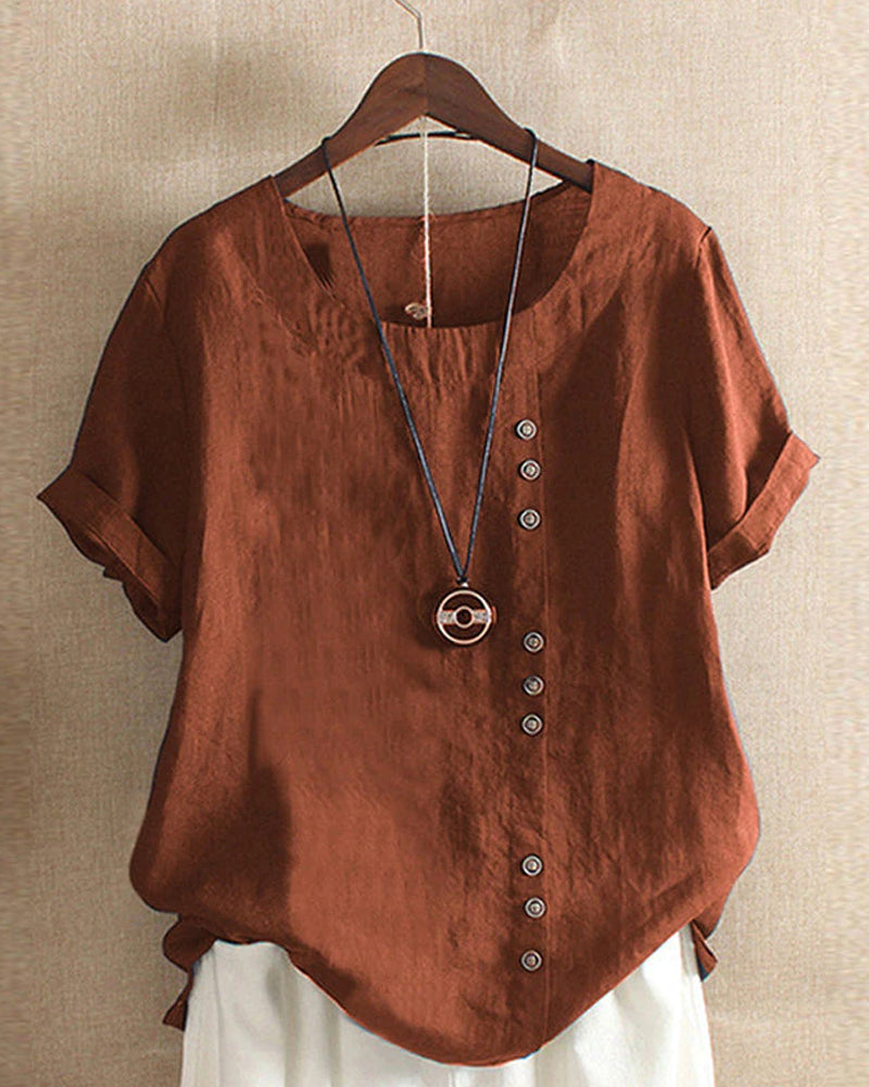 Women's Casual Woven Blouse with Side Buttons and Cuffed Sleeves