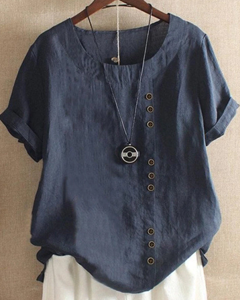 Women's Casual Woven Blouse with Side Buttons and Cuffed Sleeves