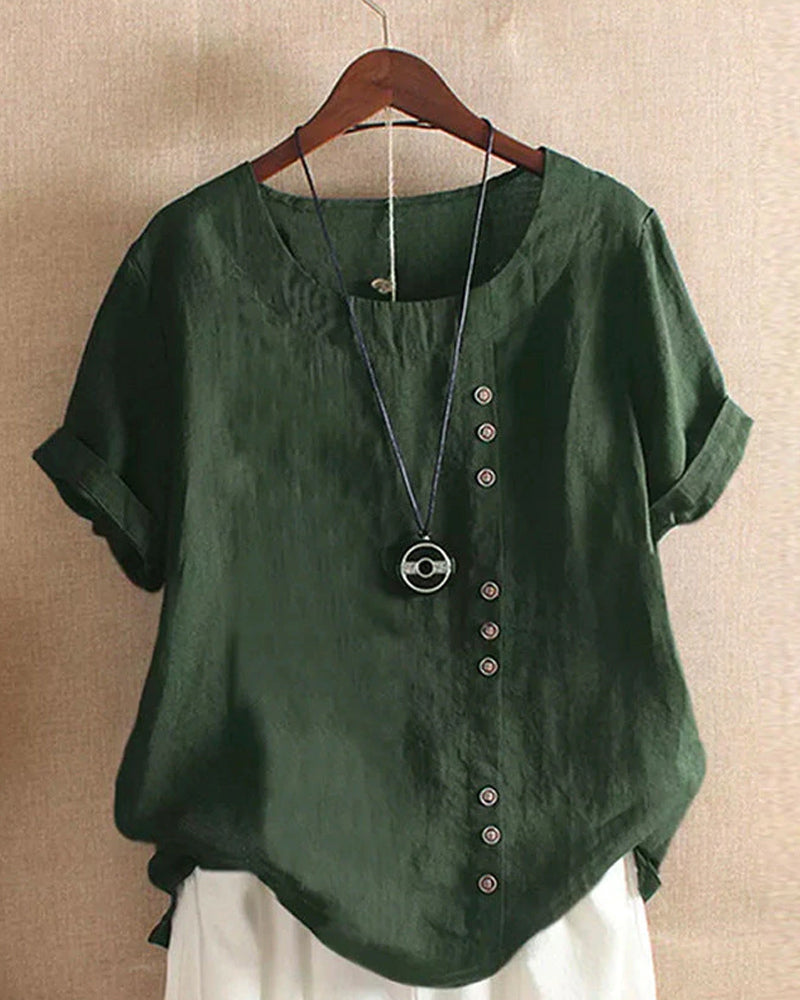 Women's Casual Woven Blouse with Side Buttons and Cuffed Sleeves