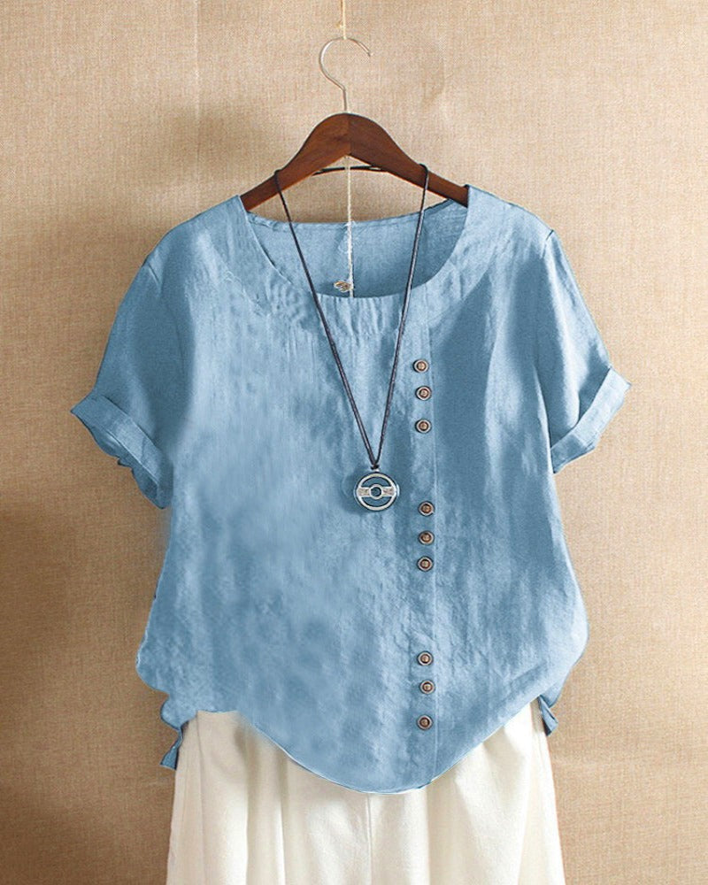 Women's Casual Woven Blouse with Side Buttons and Cuffed Sleeves