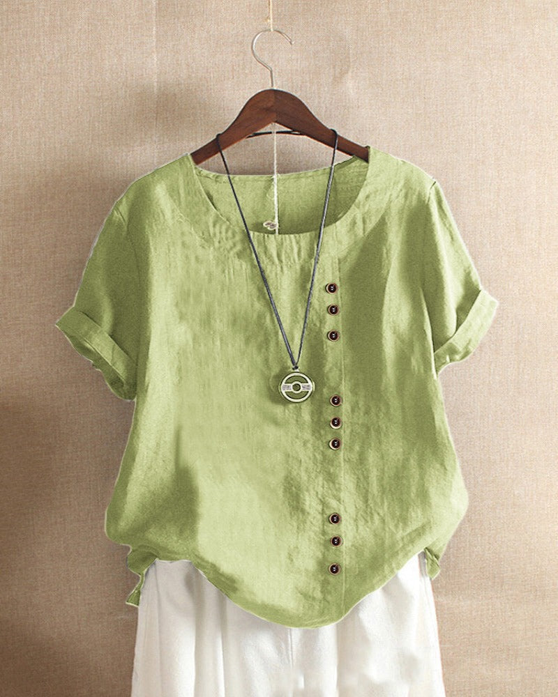 Women's Casual Woven Blouse with Side Buttons and Cuffed Sleeves