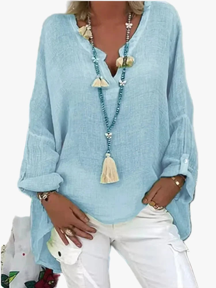 Women's Casual Woven Blouse with Split V Neck and Roll-Tab Sleeves