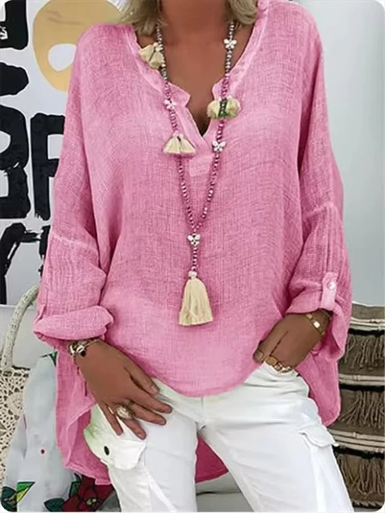 Women's Casual Woven Blouse with Split V Neck and Roll-Tab Sleeves