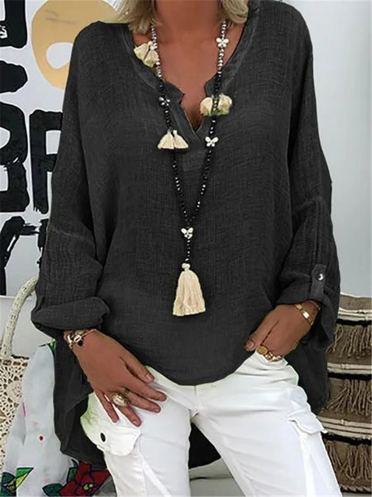 Women's Casual Woven Blouse with Split V Neck and Roll-Tab Sleeves