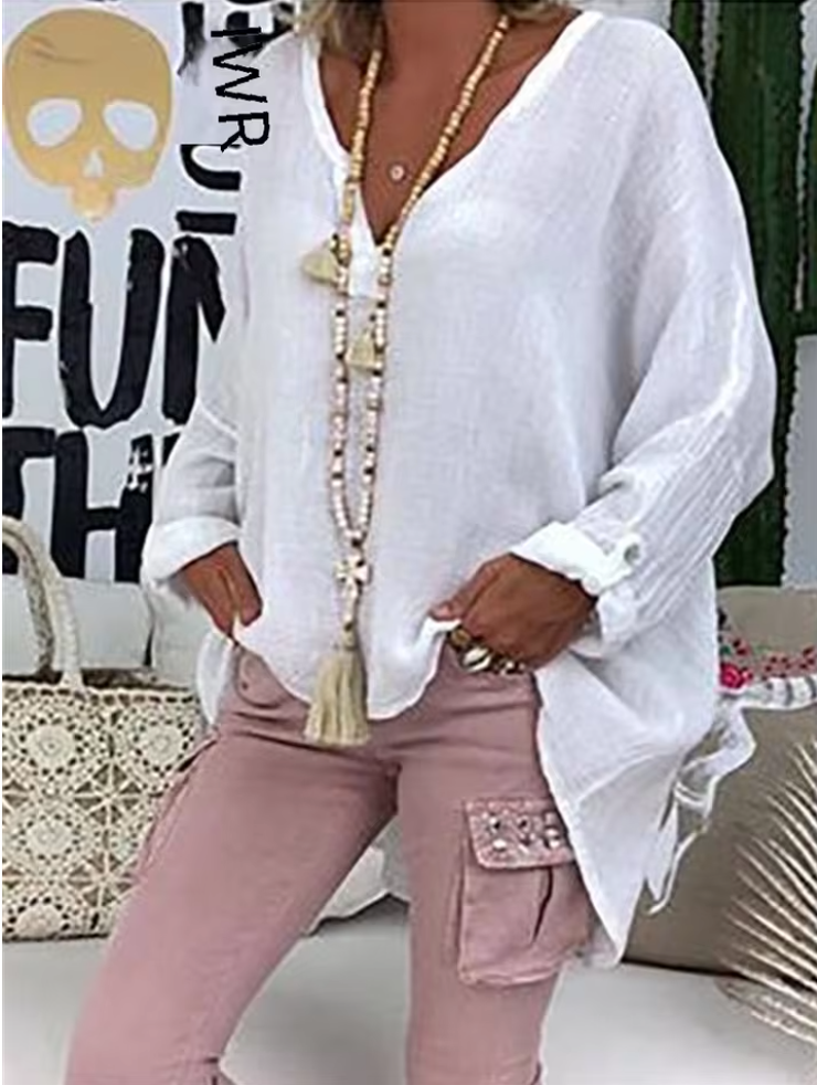 Women's Casual Woven Blouse with Split V Neck and Roll-Tab Sleeves