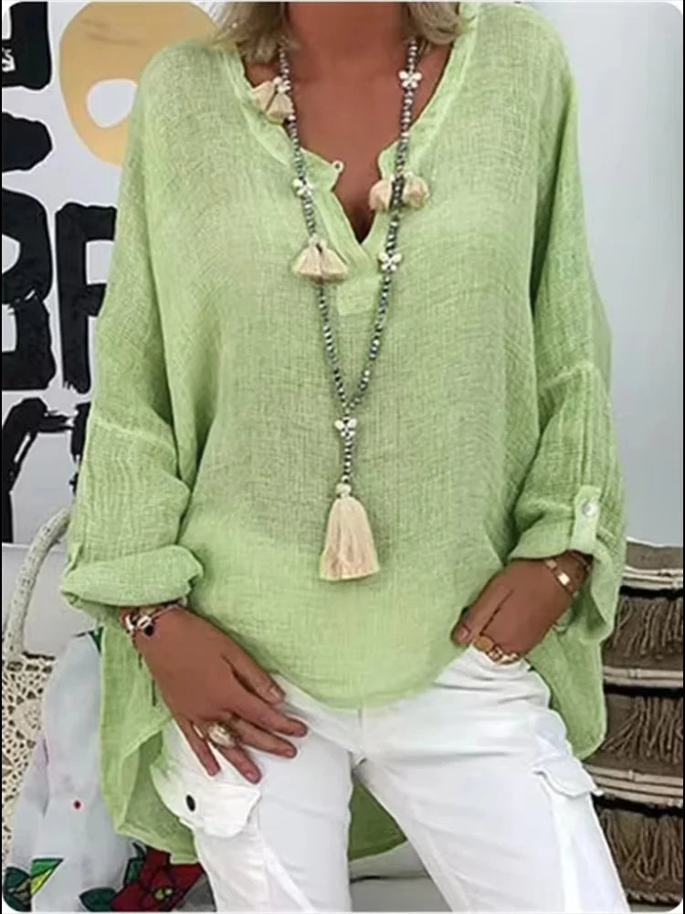 Women's Casual Woven Blouse with Split V Neck and Roll-Tab Sleeves