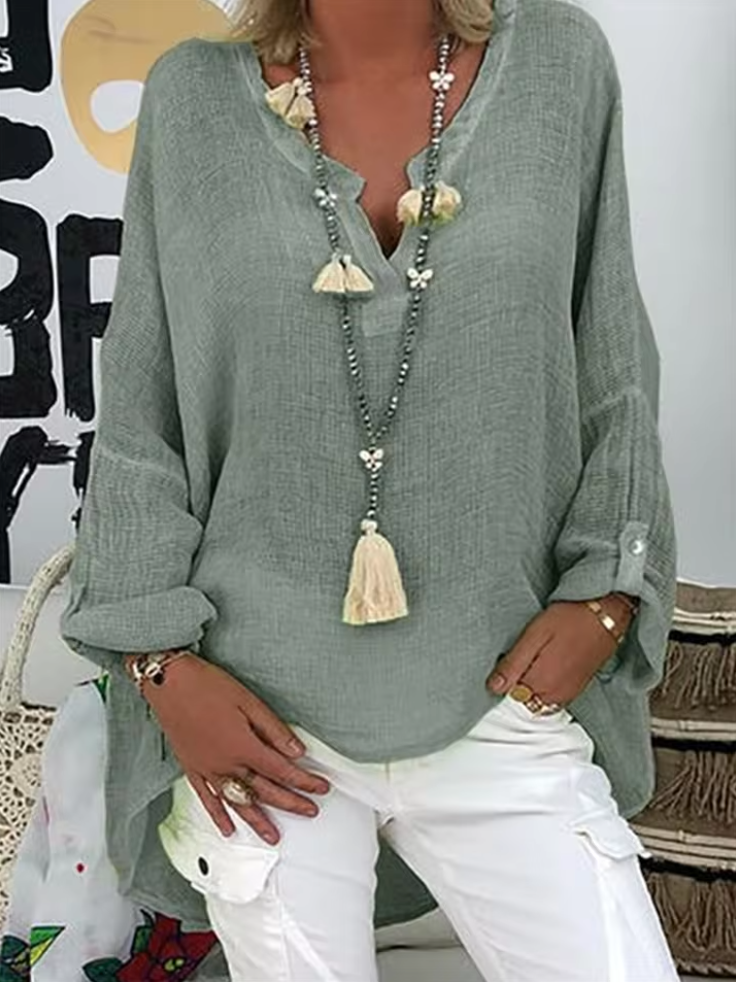 Women's Casual Woven Blouse with Split V Neck and Roll-Tab Sleeves