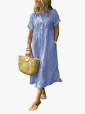 Women's Casual Woven Midi Dress with Collar and Button Placket