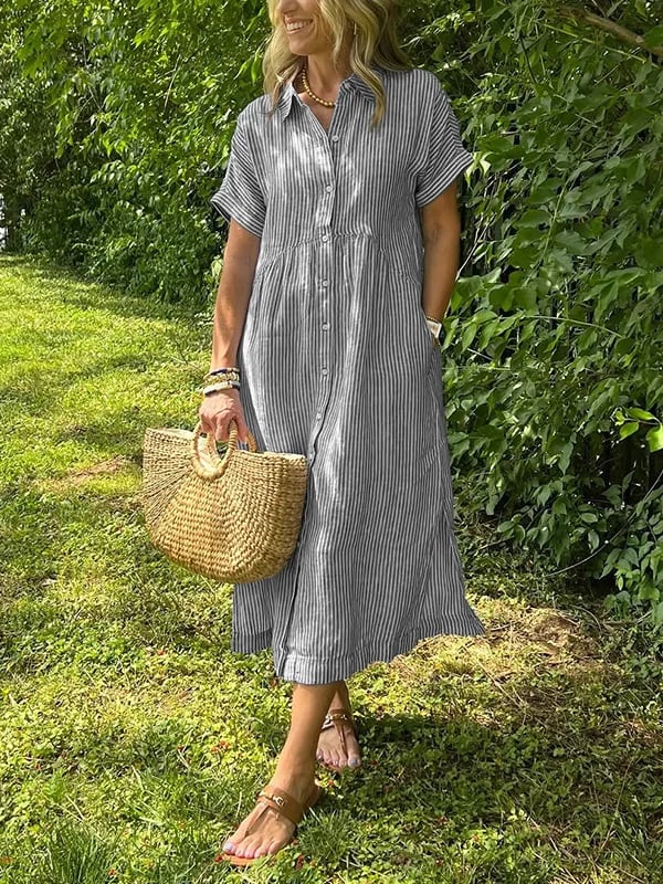 Women's Casual Woven Midi Dress with Collar and Button Placket