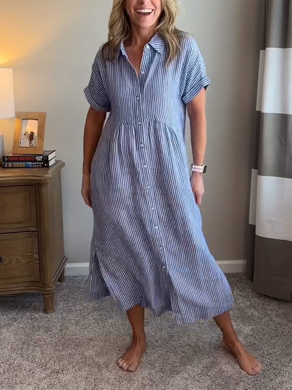 Women's Casual Woven Midi Dress with Collar and Button Placket