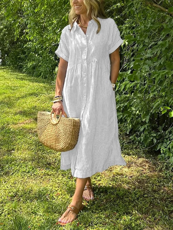 Women's Casual Woven Midi Dress with Collar and Button Placket