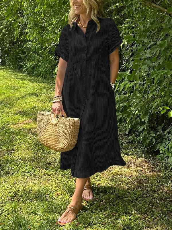 Women's Casual Woven Midi Dress with Collar and Button Placket