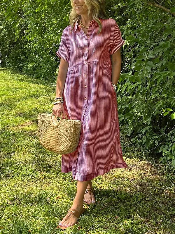 Women's Casual Woven Midi Dress with Collar and Button Placket